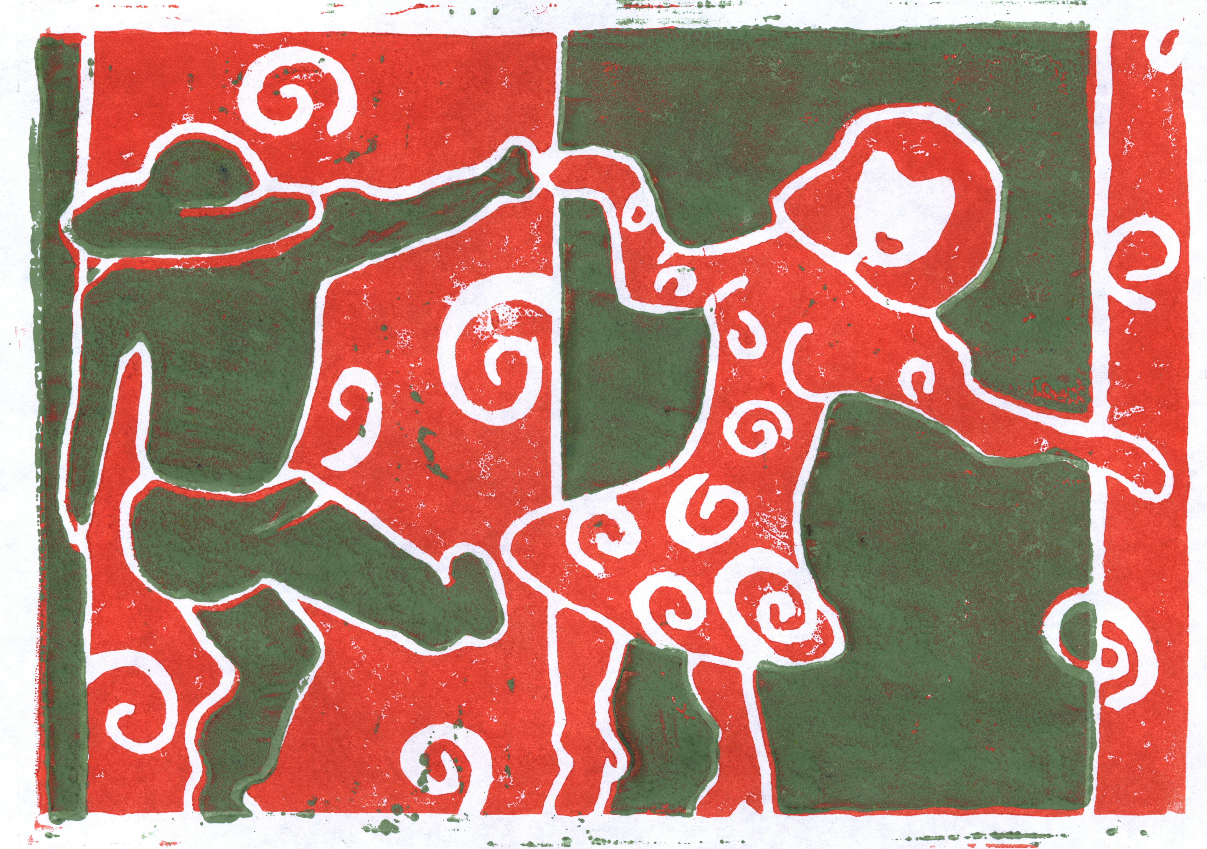 Kunst, Musik und Sport Bauer, Susanne, Tanzende Figuren, Linoldruck in 2 Farben mit verlorener Platte, 2008