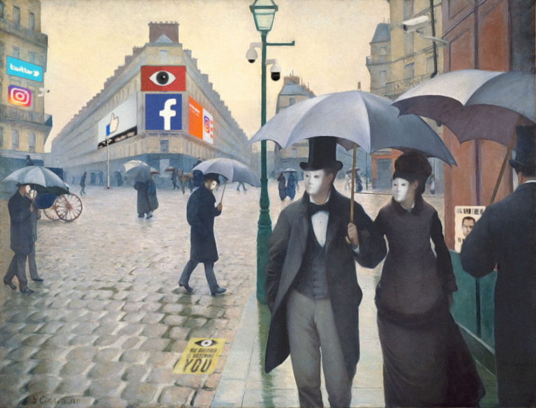 Heymann, Justin, ReMix der Original-Malerei von Caillebotte, Gustave, Jour de pluie à Paris, 1877, Collage digital, P-Seminar 'crossmedia', 2019