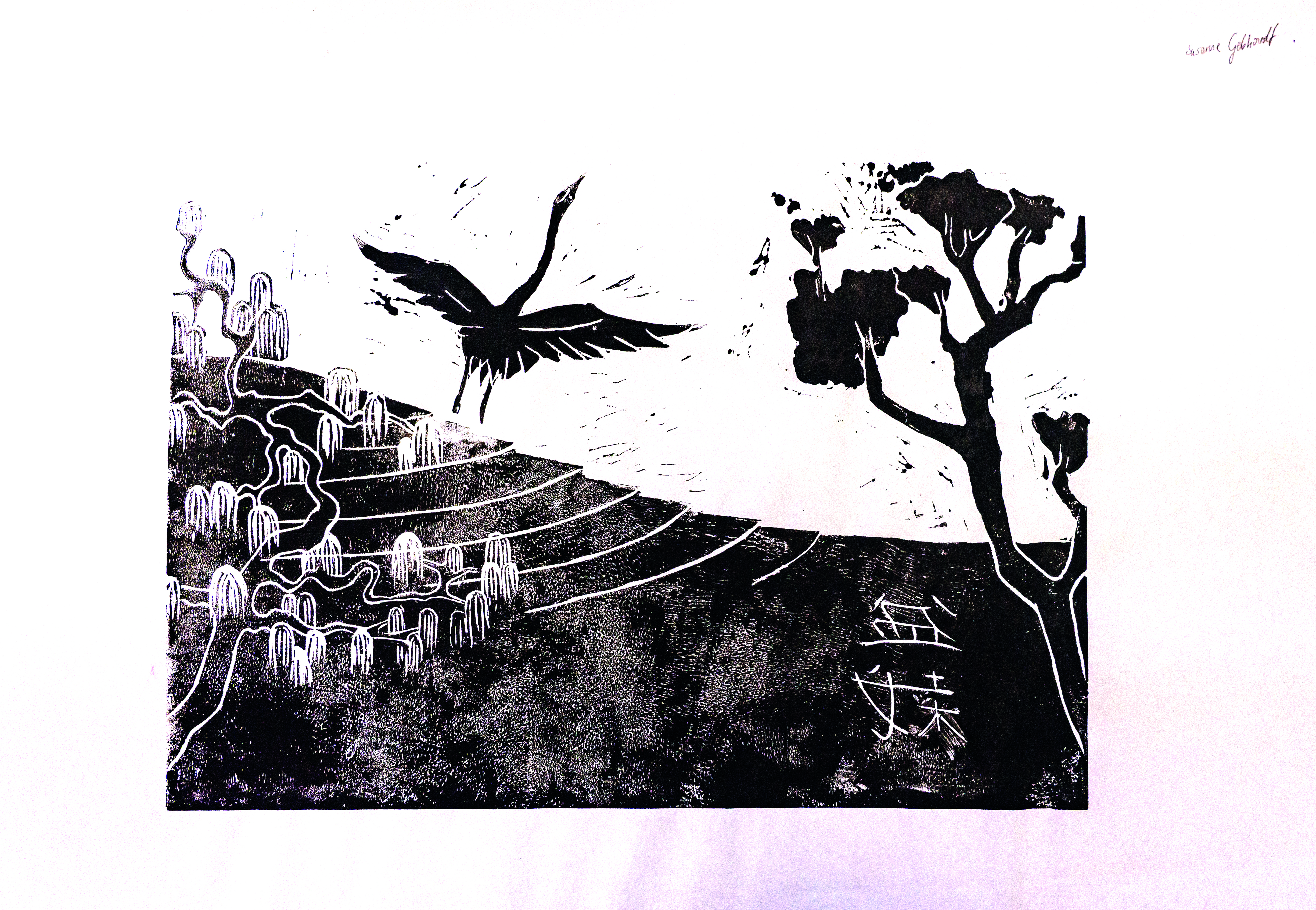 #werkschau Druckgrafik Gebhardt, Susanne, Japan und Murnau, Linoldruck auf Japanpapier, Jg10