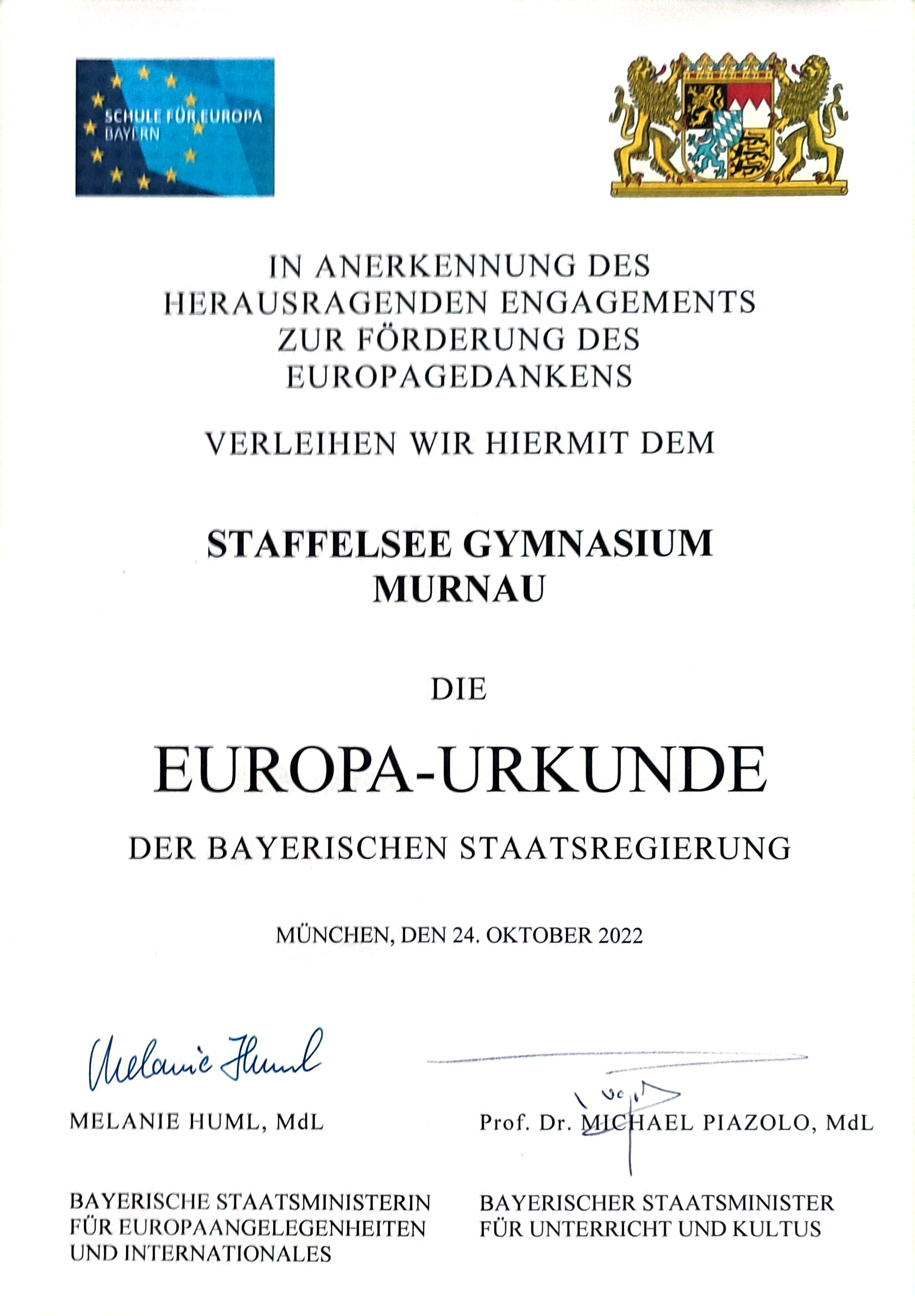 Europa-Urkunde der Bayerischen Staatsregierung für das SGM